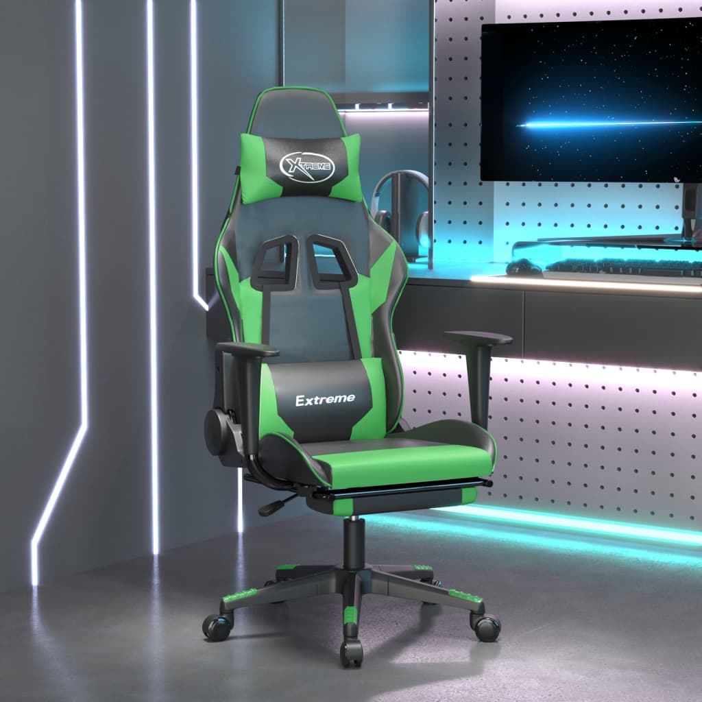 vidaXL Scaun de gaming cu suport picioare negru/verde, piele ecologică vidaXL Scaun de gaming cu suport picioare negru/verde, piele ecologică
