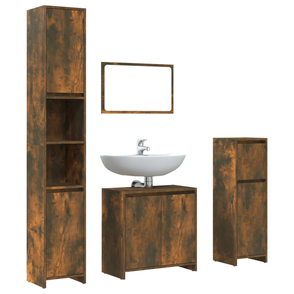 vidaXL Set mobilier de baie, 4 piese, stejar fumuriu, lemn prelucrat