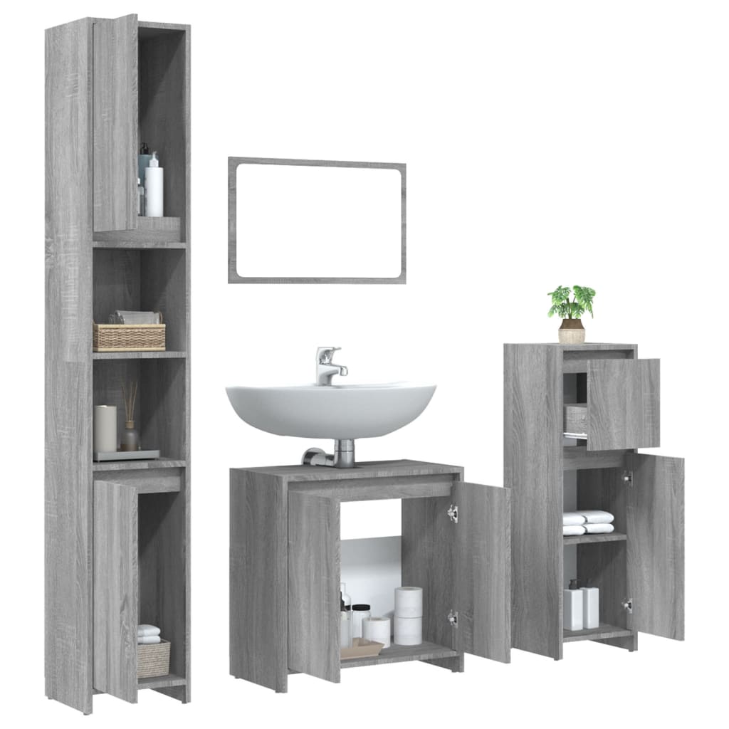 vidaXL Set mobilier de baie, 4 piese, gri sonoma, lemn prelucrat