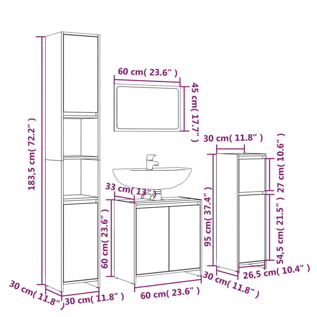 vidaXL Set mobilier de baie, 4 piese, gri sonoma, lemn prelucrat
