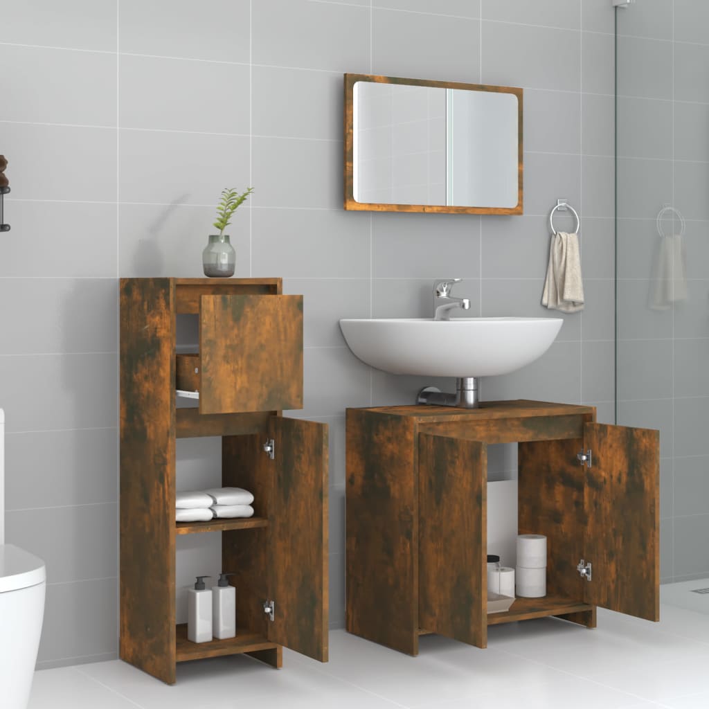 vidaXL Set mobilier de baie, 3 piese, stejar fumuriu, lemn prelucrat vidaXL Set mobilier de baie, 3 piese, stejar fumuriu, lemn prelucrat
