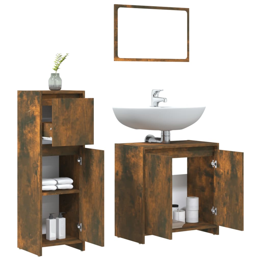 vidaXL Set mobilier de baie, 3 piese, stejar fumuriu, lemn prelucrat vidaXL Set mobilier de baie, 3 piese, stejar fumuriu, lemn prelucrat
