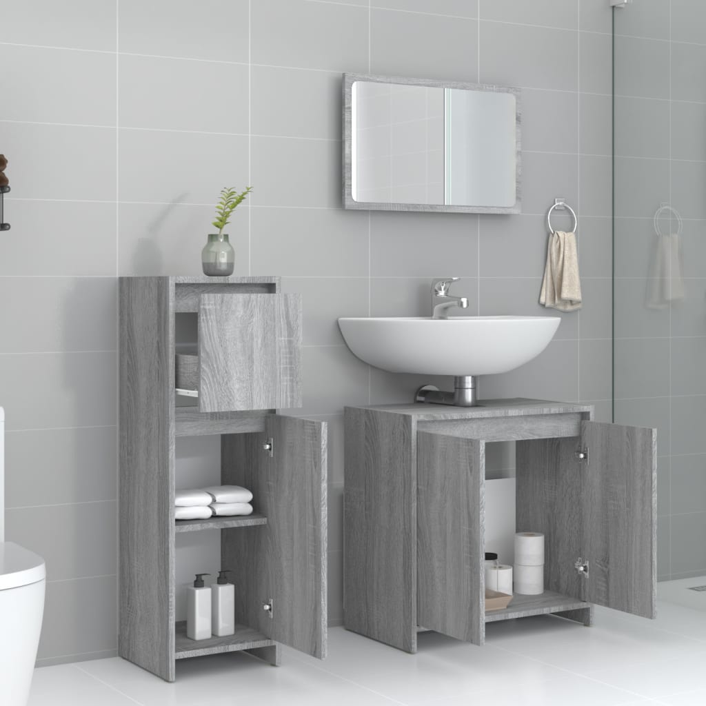 vidaXL Set mobilier de baie, 3 piese, gri sonoma, lemn prelucrat vidaXL Set mobilier de baie, 3 piese, gri sonoma, lemn prelucrat