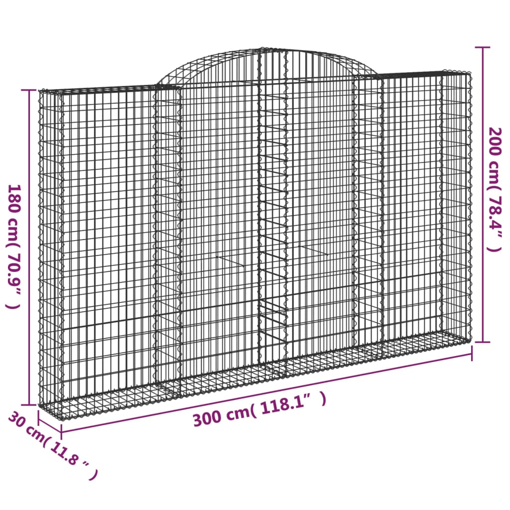 vidaXL Coșuri gabion arcuite 3 buc, 300x30x180/200 cm, fier galvanizat