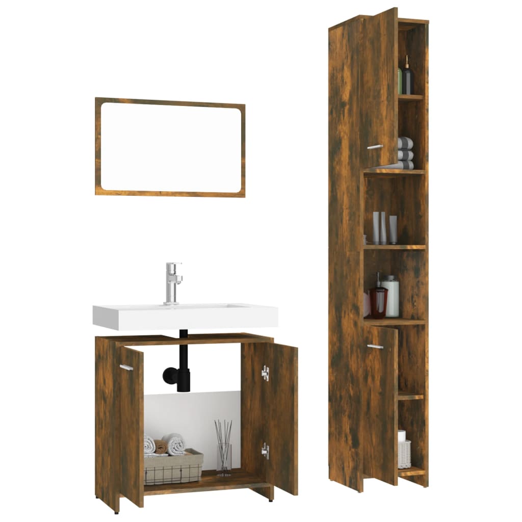 vidaXL Set mobilier de baie, 3 piese, stejar fumuriu, lemn prelucrat