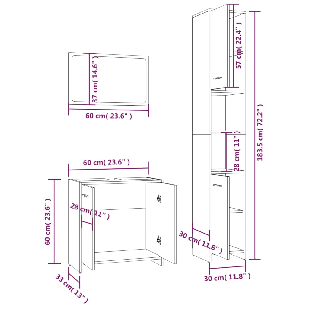 vidaXL Set mobilier de baie, 3 piese, stejar fumuriu, lemn prelucrat