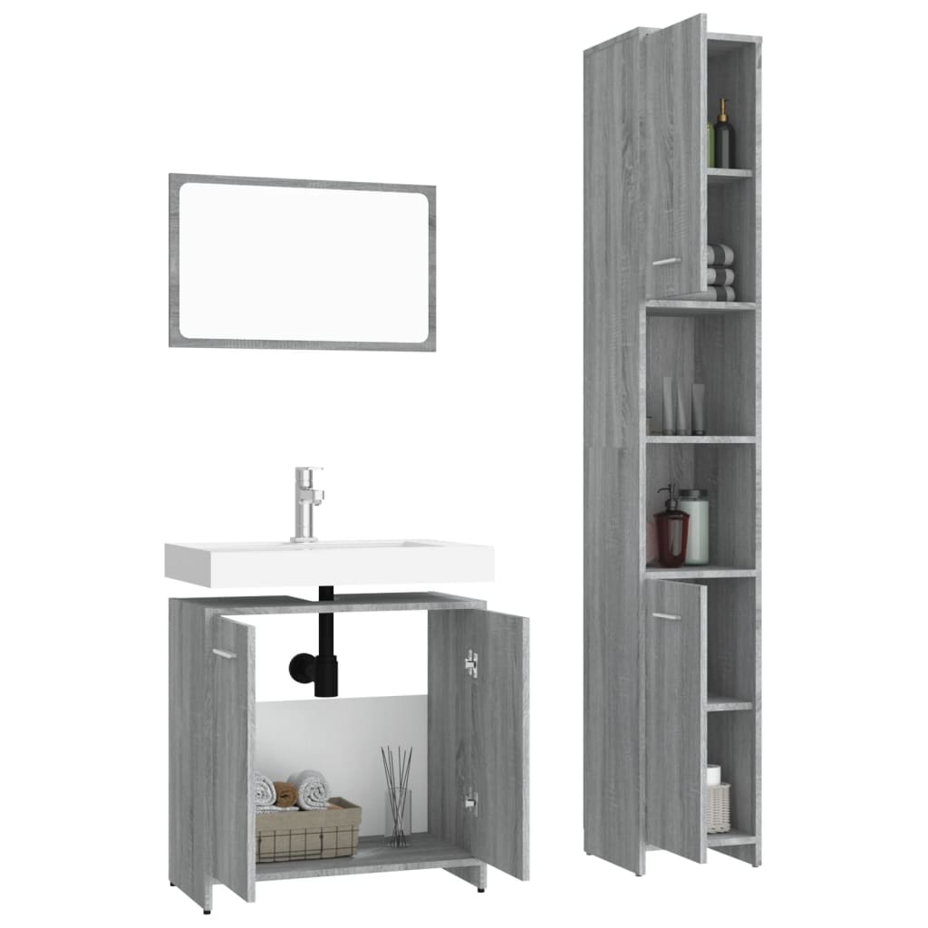 vidaXL Set mobilier de baie, 3 piese, gri sonoma, lemn prelucrat vidaXL Set mobilier de baie, 3 piese, gri sonoma, lemn prelucrat