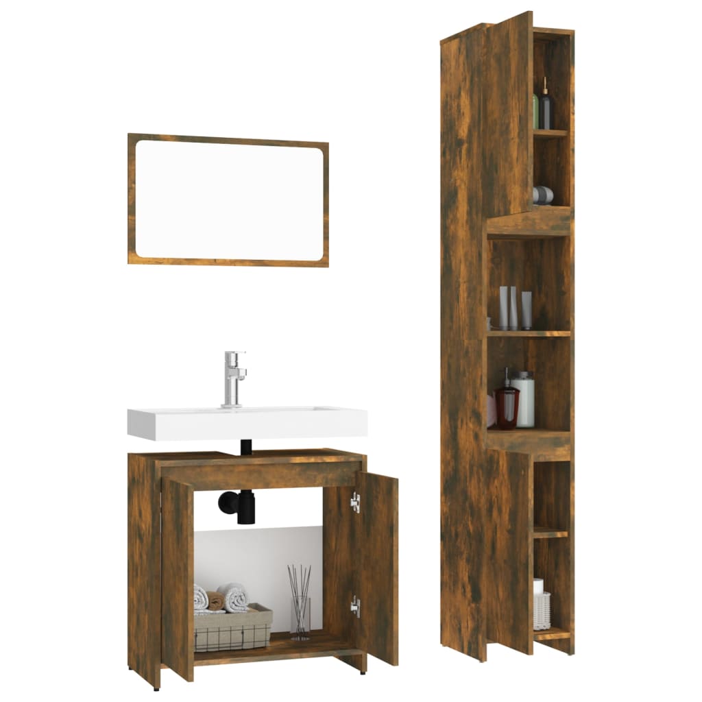 vidaXL Set mobilier de baie, 3 piese, stejar fumuriu, lemn prelucrat vidaXL Set mobilier de baie, 3 piese, stejar fumuriu, lemn prelucrat