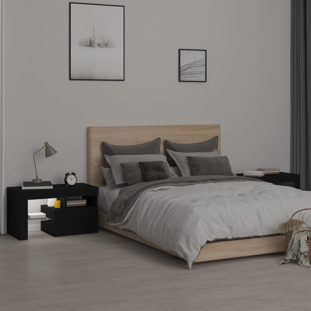vidaXL Noptiere cu lumini LED, 2 buc., negru, 70x36,5x40 cm