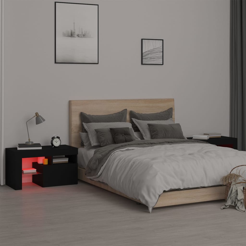 vidaXL Noptiere cu lumini LED, 2 buc., negru, 70x36,5x40 cm
