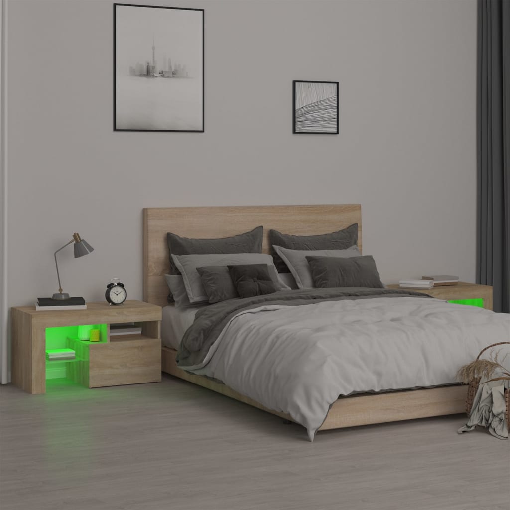 vidaXL Noptiere cu lumini LED, 2 buc., stejar sonoma, 70x36,5x40 cm