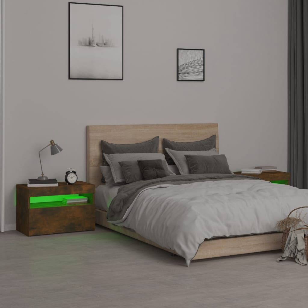 vidaXL Noptiere cu lumini LED, 2 buc., stejar fumuriu, 60x35x40 cm