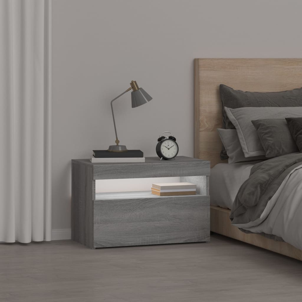 vidaXL Noptiere cu lumini LED, gri sonoma, 60x35x40 cm vidaXL Noptiere cu lumini LED, gri sonoma, 60x35x40 cm