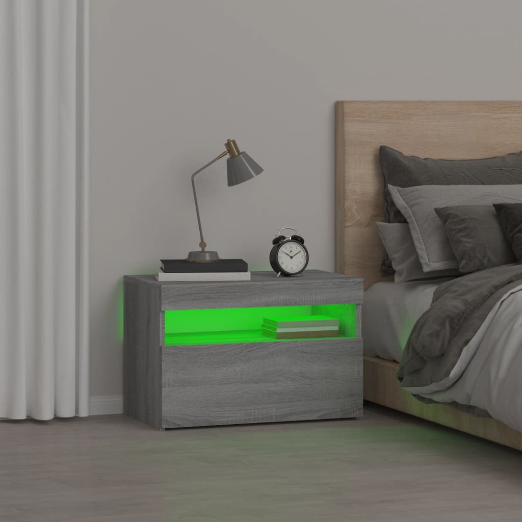 vidaXL Noptiere cu lumini LED, gri sonoma, 60x35x40 cm vidaXL Noptiere cu lumini LED, gri sonoma, 60x35x40 cm