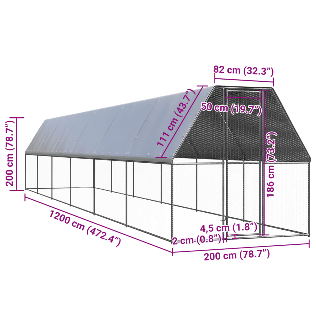 vidaXL Coteț de păsări pentru exterior, 2x12x2 m, oțel galvanizat