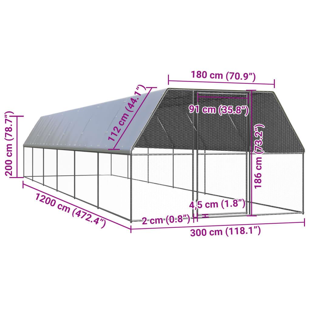 vidaXL Coteț de păsări pentru exterior, 3x12x2 m, oțel galvanizat vidaXL Coteț de păsări pentru exterior, 3x12x2 m, oțel galvanizat
