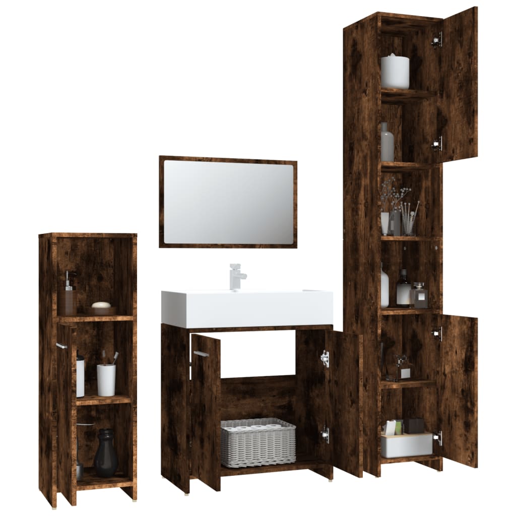 vidaXL Set mobilier de baie, 4 piese, stejar fumuriu, lemn prelucrat