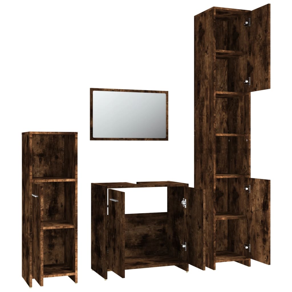 vidaXL Set mobilier de baie, 4 piese, stejar fumuriu, lemn prelucrat