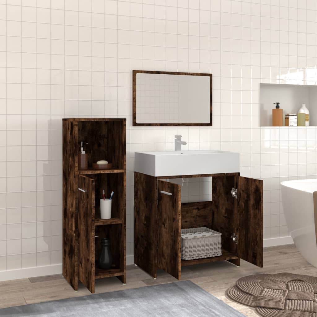vidaXL Set mobilier de baie, 3 piese, stejar fumuriu, lemn prelucrat vidaXL Set mobilier de baie, 3 piese, stejar fumuriu, lemn prelucrat