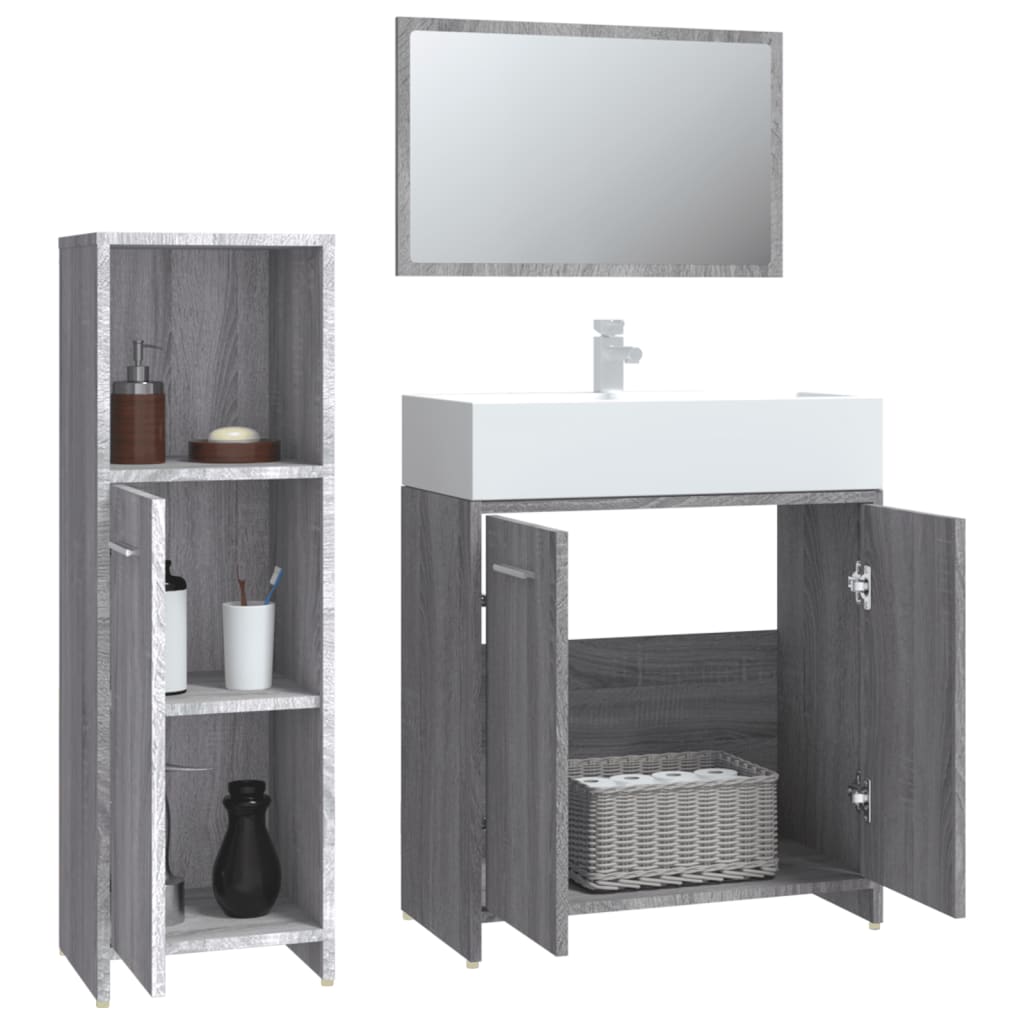 vidaXL Set mobilier de baie, 3 piese, gri sonoma, lemn prelucrat vidaXL Set mobilier de baie, 3 piese, gri sonoma, lemn prelucrat
