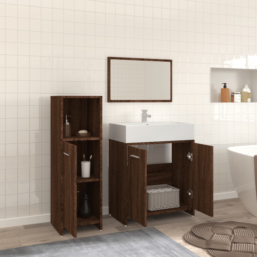 vidaXL Set mobilier de baie, 3 piese, stejar maro, lemn prelucrat