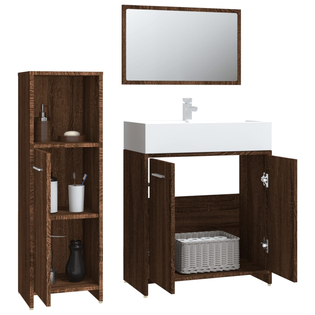 vidaXL Set mobilier de baie, 3 piese, stejar maro, lemn prelucrat
