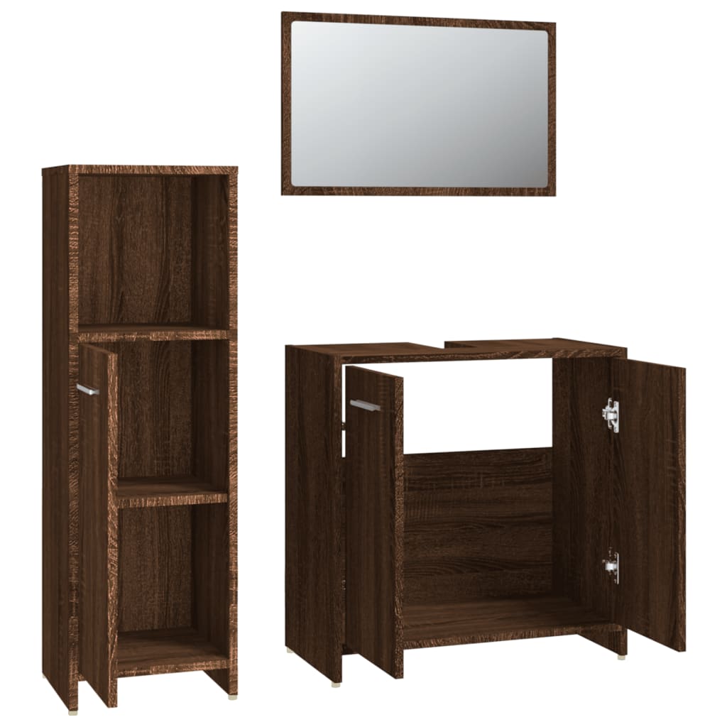 vidaXL Set mobilier de baie, 3 piese, stejar maro, lemn prelucrat