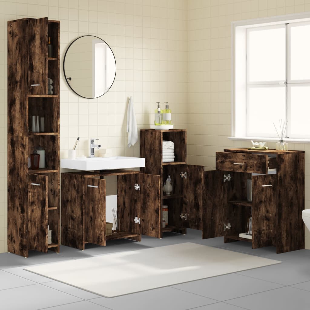 vidaXL Set mobilier de baie, 4 piese, stejar fumuriu, lemn prelucrat