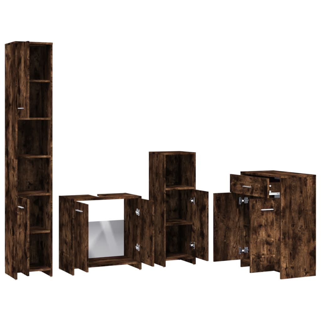 vidaXL Set mobilier de baie, 4 piese, stejar fumuriu, lemn prelucrat