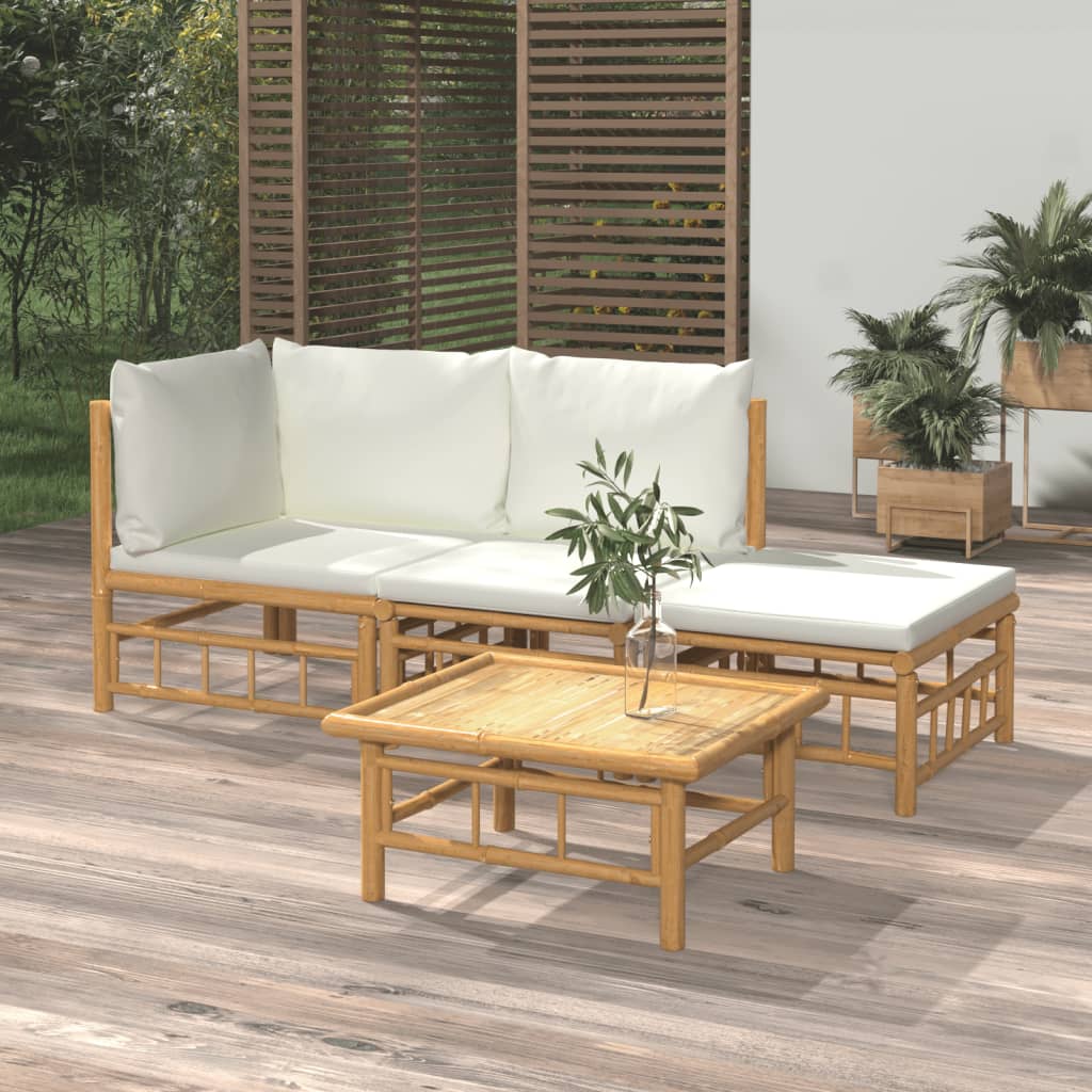 vidaXL Set mobilier de grădină, cu perne alb crem, 4 piese, bambus vidaXL Set mobilier de grădină, cu perne alb crem, 4 piese, bambus