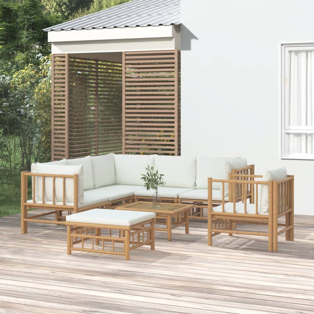 vidaXL Set mobilier de grădină, cu perne alb crem, 8 piese, bambus vidaXL Set mobilier de grădină, cu perne alb crem, 8 piese, bambus