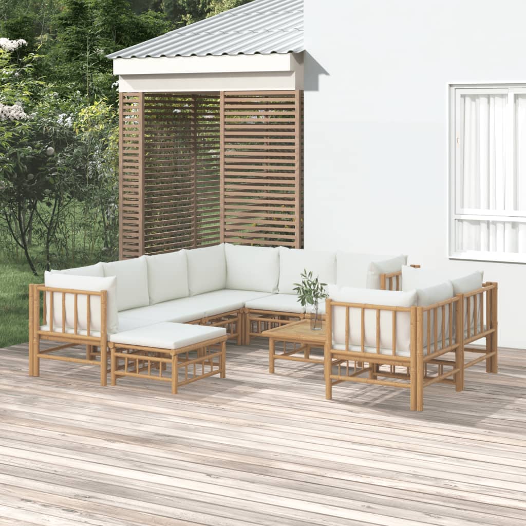 vidaXL Set mobilier de grădină, cu perne alb crem, 10 piese, bambus vidaXL Set mobilier de grădină, cu perne alb crem, 10 piese, bambus