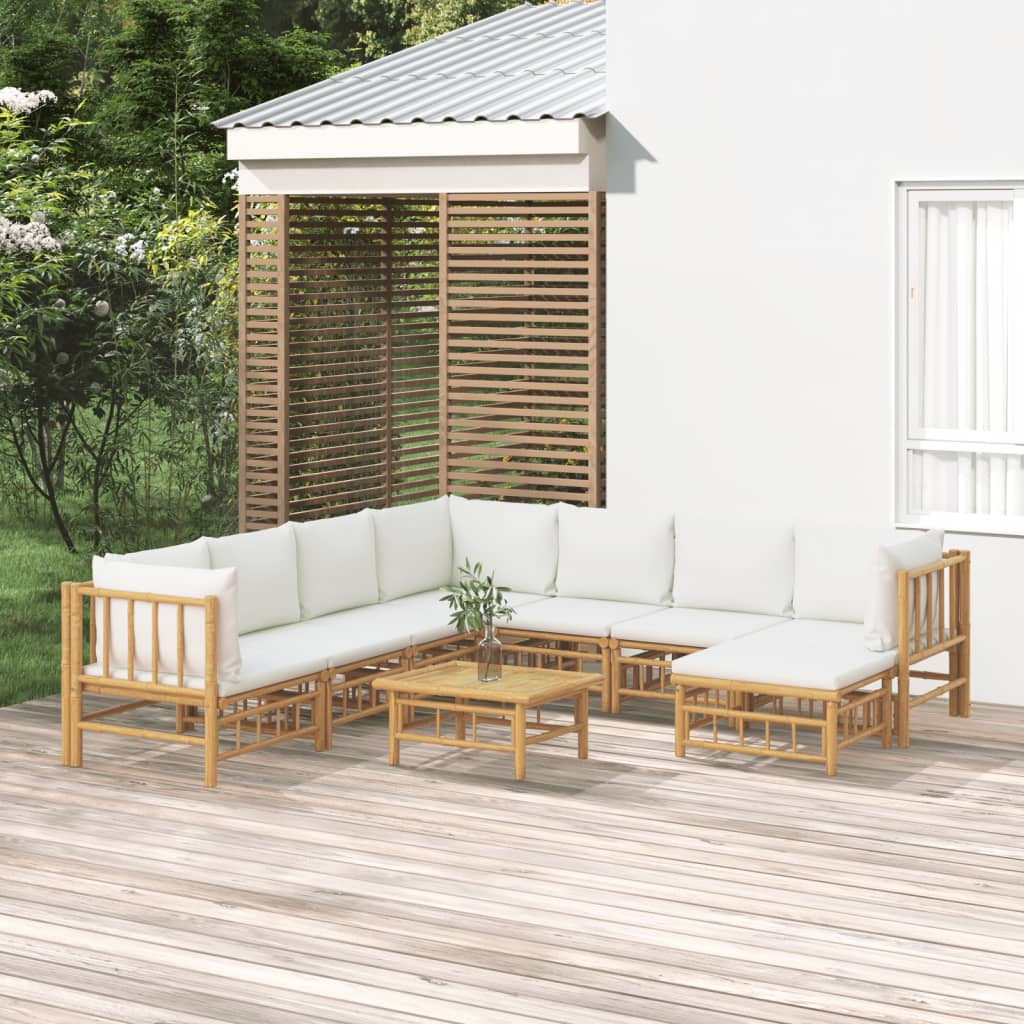 vidaXL Set mobilier de grădină, cu perne alb crem, 9 piese, bambus vidaXL Set mobilier de grădină, cu perne alb crem, 9 piese, bambus