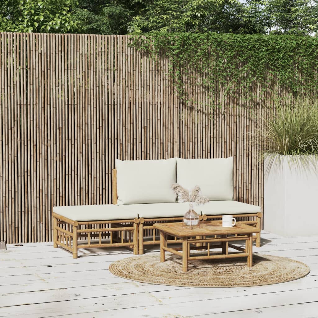 vidaXL Set mobilier de grădină, cu perne alb crem, 4 piese, bambus vidaXL Set mobilier de grădină, cu perne alb crem, 4 piese, bambus