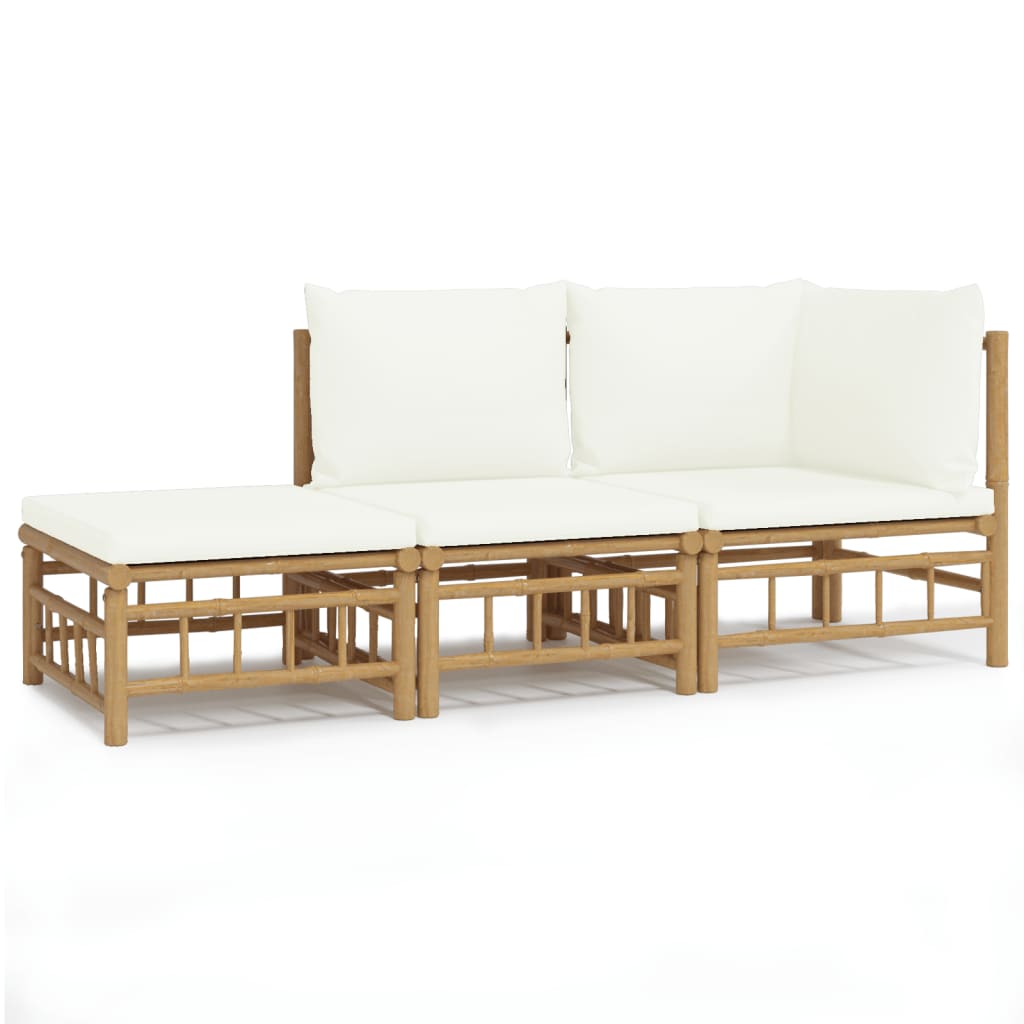 vidaXL Set mobilier de grădină, cu perne alb crem, 3 piese, bambus vidaXL Set mobilier de grădină, cu perne alb crem, 3 piese, bambus