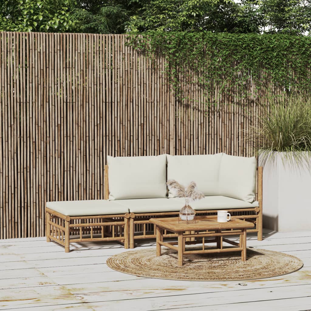 vidaXL Set mobilier de grădină, cu perne alb crem, 3 piese, bambus vidaXL Set mobilier de grădină, cu perne alb crem, 3 piese, bambus