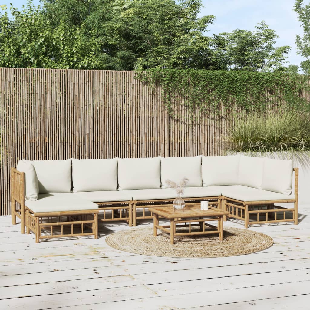 vidaXL Set mobilier de grădină, cu perne alb crem, 8 piese, bambus vidaXL Set mobilier de grădină, cu perne alb crem, 8 piese, bambus