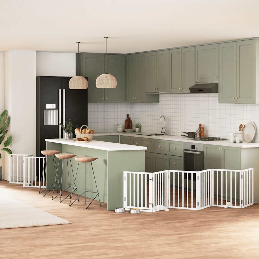 vidaXL Poartă câini pliabilă cu ușă, 9 panouri, alb, 450 cm, lemn plop