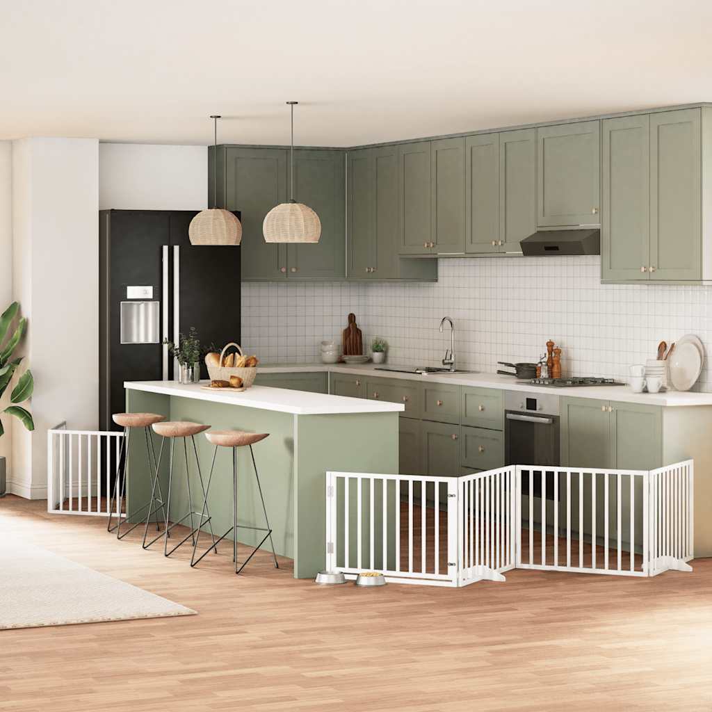 vidaXL Poartă câini pliabilă cu ușă, 6 panouri, alb, 480 cm, lemn plop