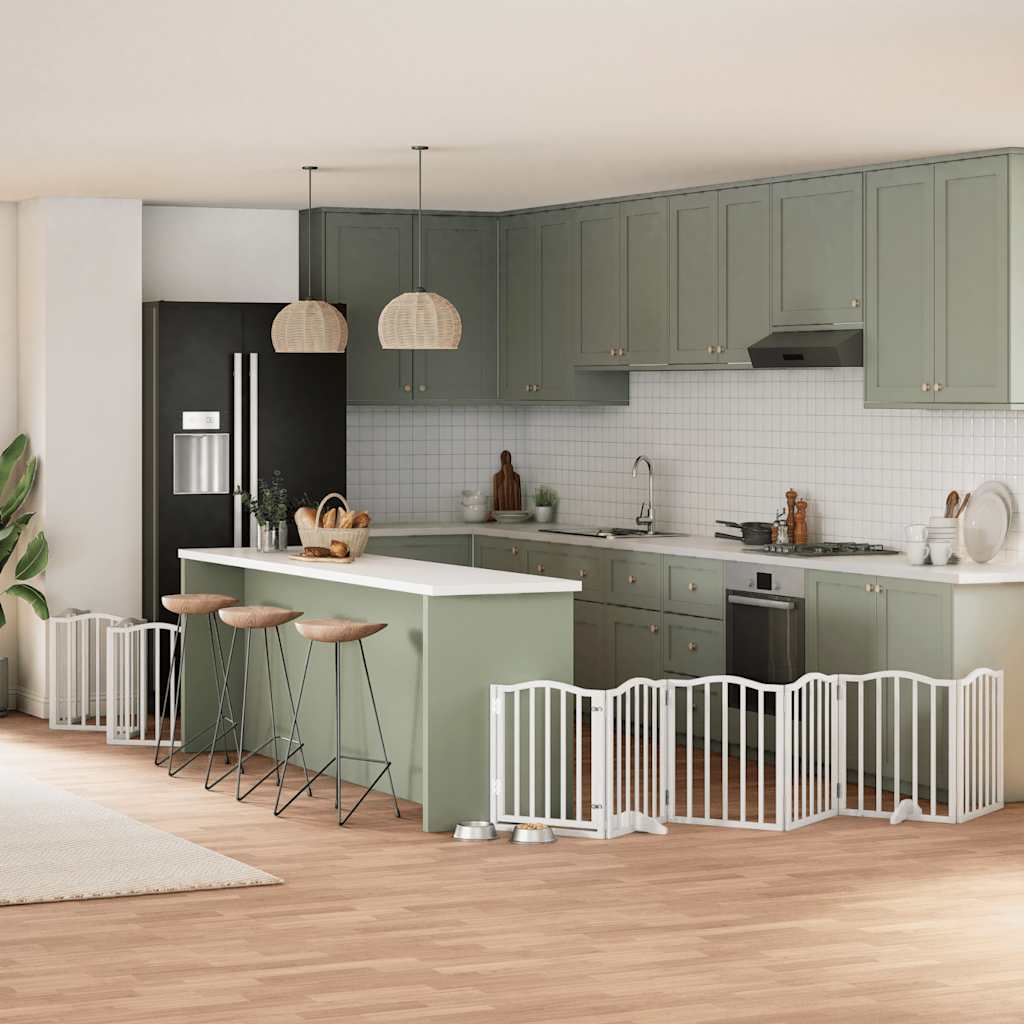 vidaXL Poartă câini pliabilă cu ușă 15 panouri, alb, 750 cm, lemn plop