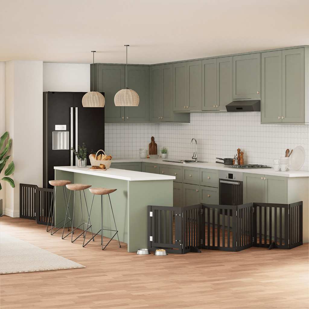 vidaXL Poartă câini pliabilă cu ușă 9 panouri negru, 450 cm, lemn plop