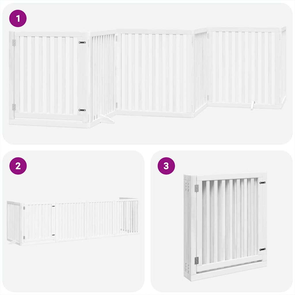 vidaXL Poartă câini pliabilă cu ușă, 6 panouri, alb, 480 cm, lemn plop