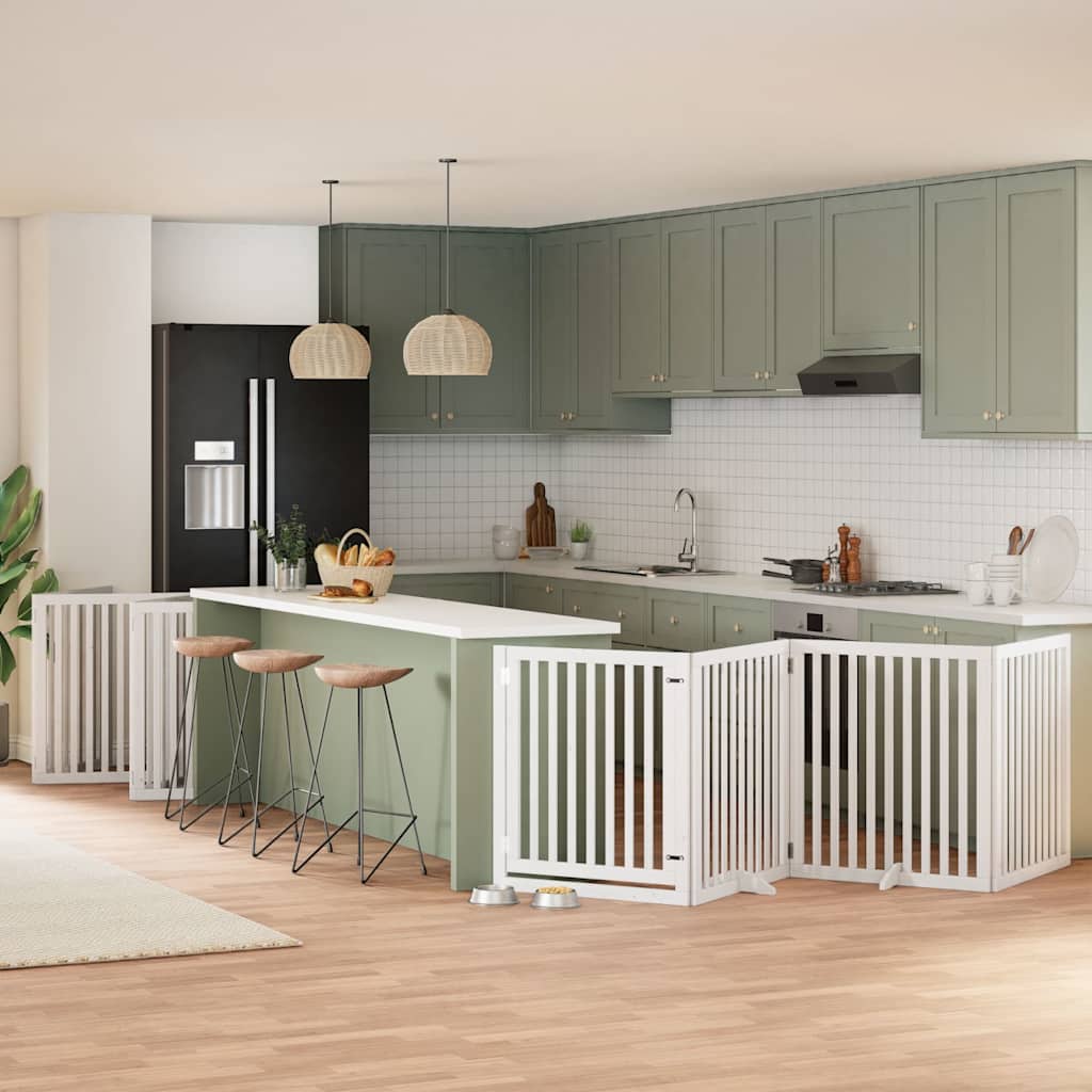 vidaXL Poartă câini pliabilă cu ușă 10 panouri, alb, 800 cm, lemn plop