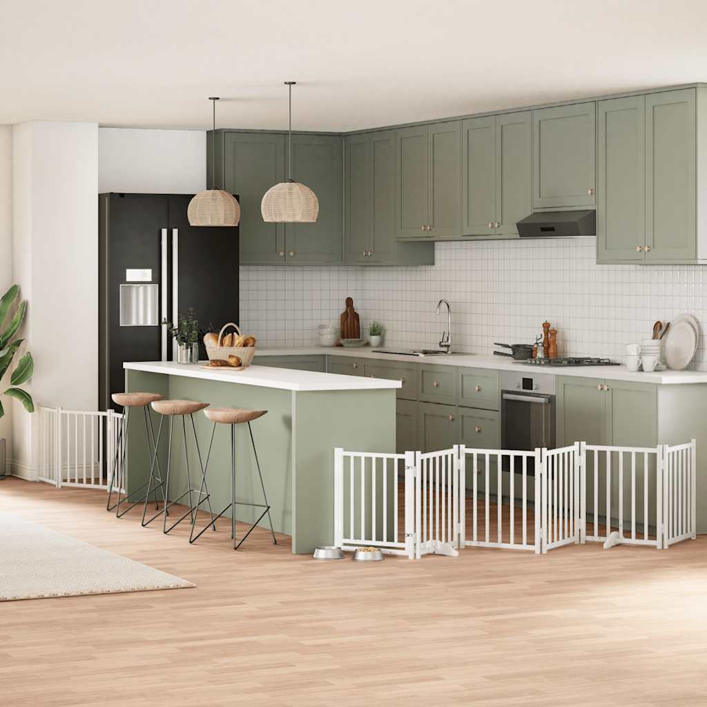 vidaXL Poartă câini pliabilă cu ușă, 9 panouri, alb, 450 cm, lemn plop