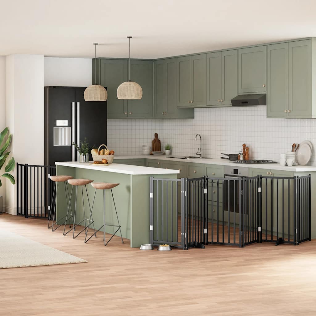 vidaXL Poartă câini pliabilă cu ușă 9 panouri negru, 450 cm, lemn plop