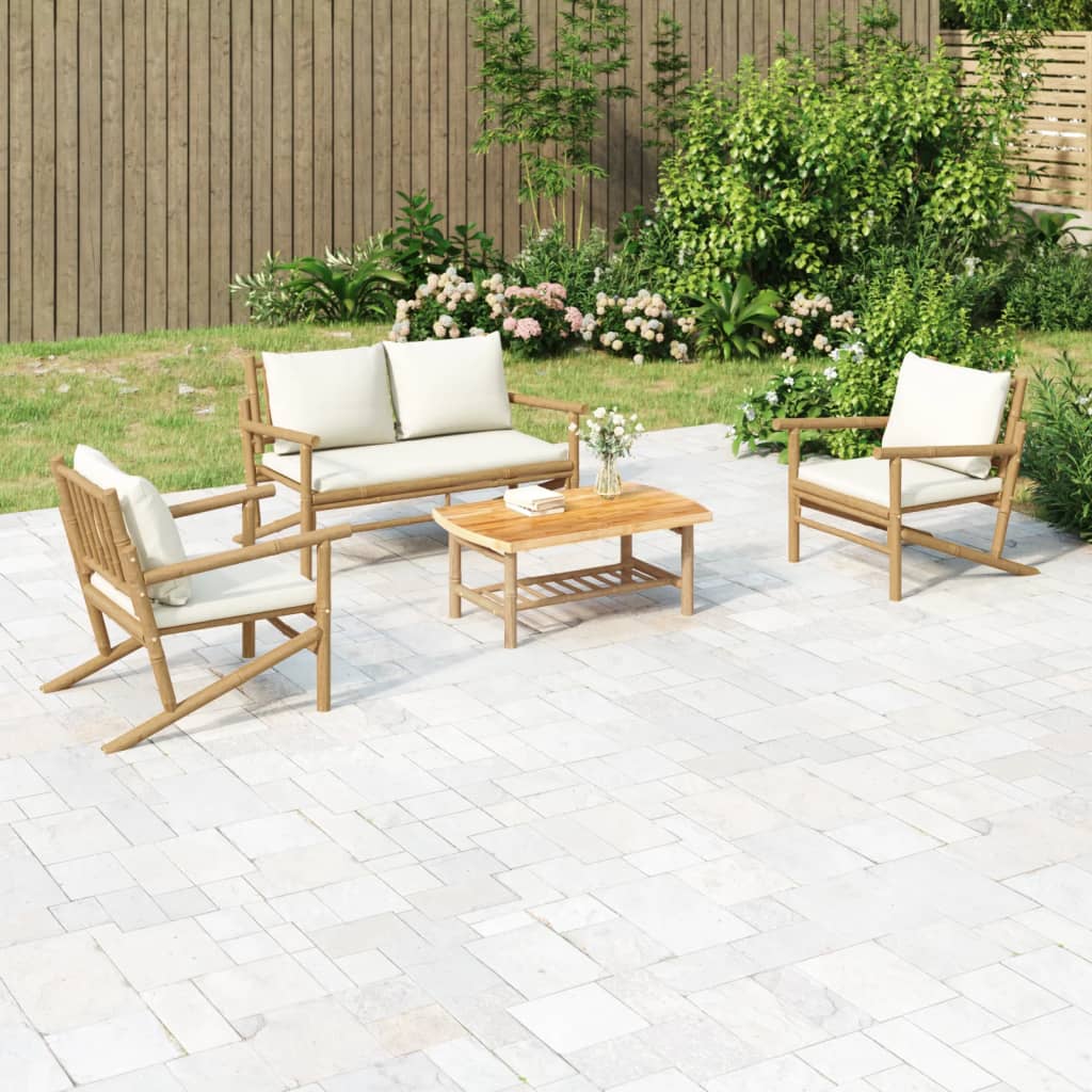 vidaXL Set mobilier de grădină, cu perne alb crem, 4 piese, bambus vidaXL Set mobilier de grădină, cu perne alb crem, 4 piese, bambus