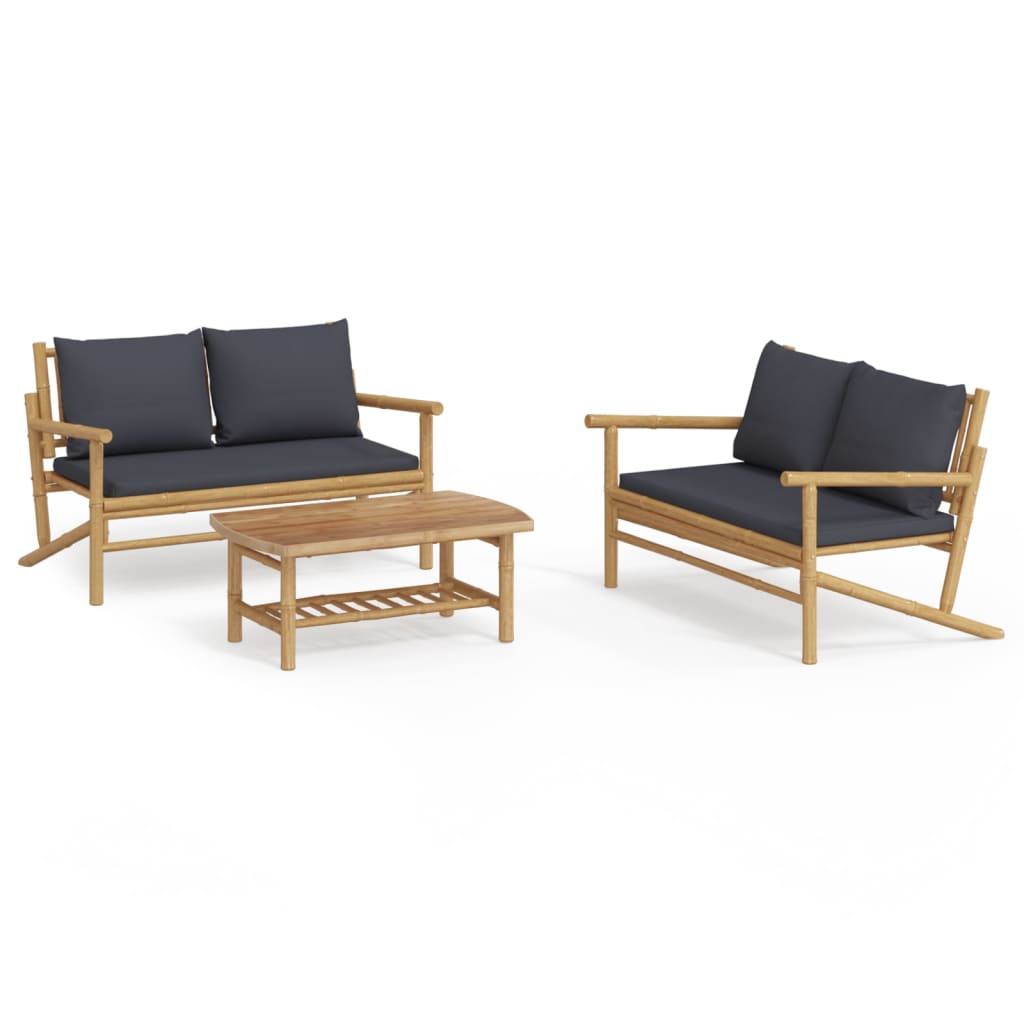 vidaXL Set mobilier de grădină, perne gri închis, 3 piese, bambus