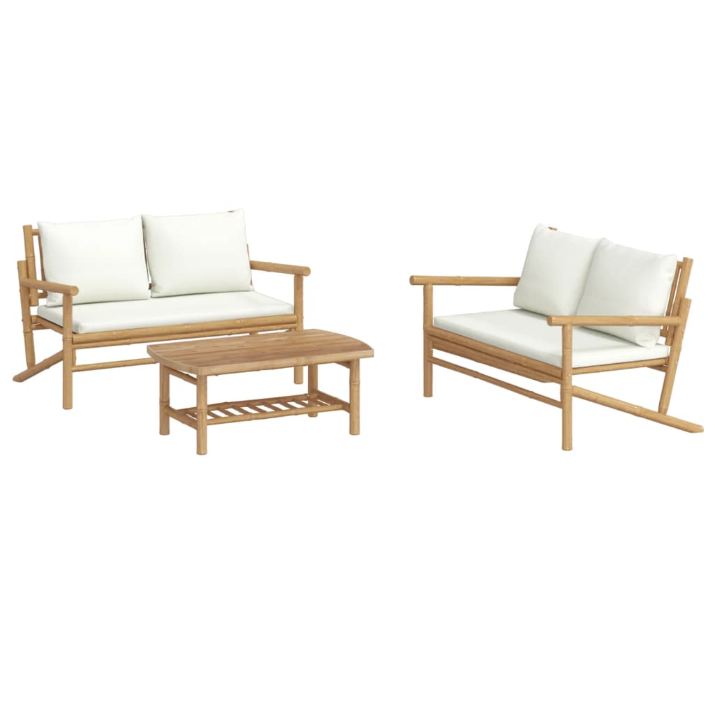 vidaXL Set mobilier de grădină, cu perne alb crem, 3 piese, bambus vidaXL Set mobilier de grădină, cu perne alb crem, 3 piese, bambus
