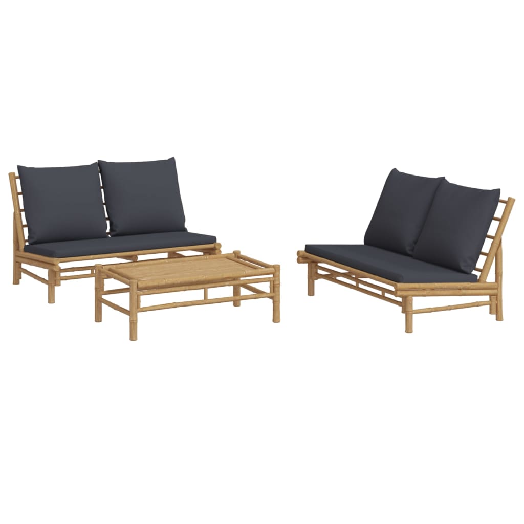 vidaXL Set mobilier de grădină, perne gri închis, 3 piese, bambus