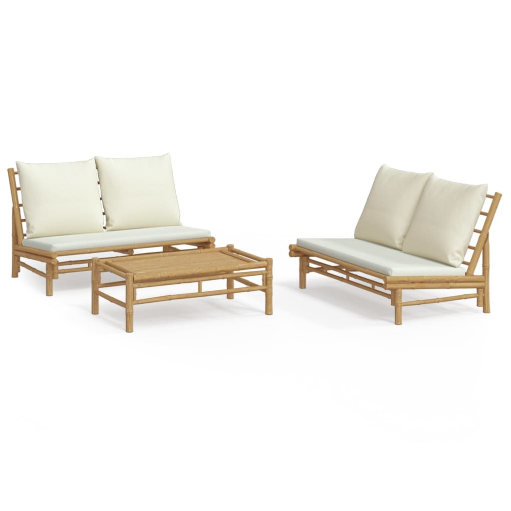 vidaXL Set mobilier de grădină, cu perne alb crem, 3 piese, bambus vidaXL Set mobilier de grădină, cu perne alb crem, 3 piese, bambus